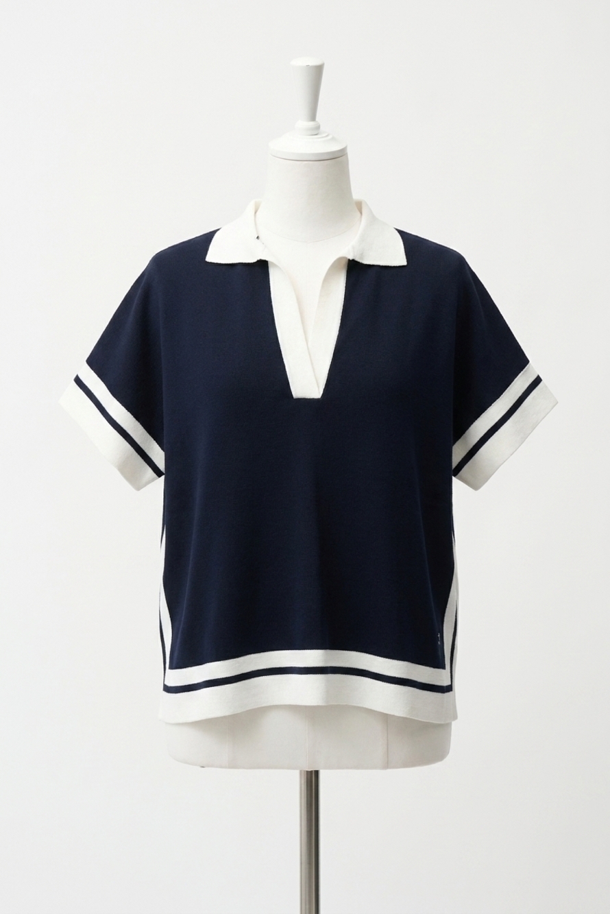 NEW JOSEPH RIBKOFF short sleeve sweater in navy/white